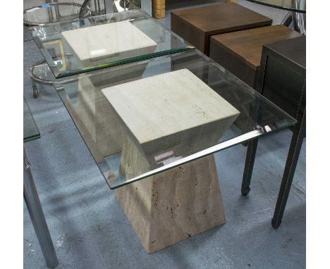 LAMP TABLES, a pair, travertine with square bevelled glass tops, 70cm x 70cm x 62cm H. (2)