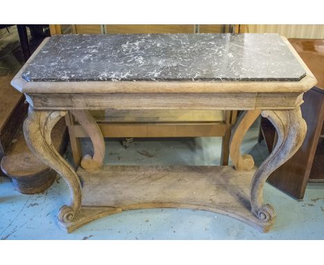 CONSOLE TABLE, Victorian stripped oak, the grey marble top cabriole supports, 46cm D x 110cm W x 82cm H (with faults, back le