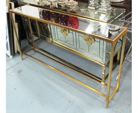 CONSOLE TABLE, with mirrored top, on a gilded base, 153cm x 26cm x 79cm H.