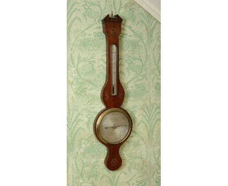 A George III mahogany and inlaid banjo barometer,by D Gugieri, the break-arch pediment over a silvered dial with a subsidiary