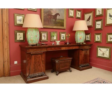 A large William IV mahogany pedestal sideboard,by W &amp; C Wilkinson of Ludgate Hill, the inlaid breakfront top above the fr