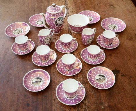 A lustre glazed 'Dove and Flood' design part tea and coffee set,20th century, designed by Laura Knight for Foley, comprising: