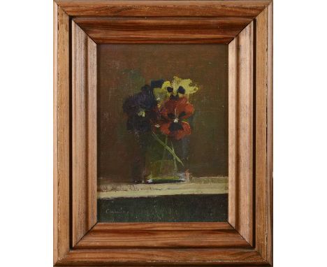 *Fred Cuming RA (b.1930)Pansiessigned 'Cuming' l.l., signed verso, oil on board23 x 17.3cmProvenance: With Agnews, no. B1618.