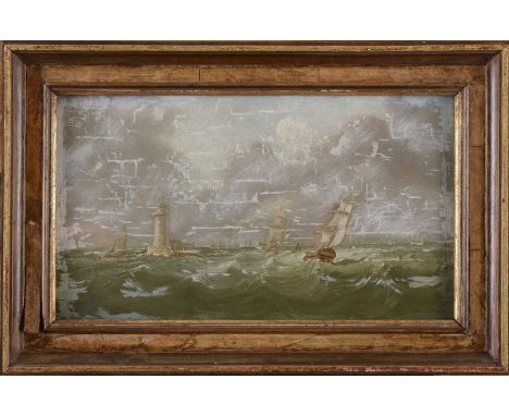 English School, 19th centuryShipping before a lighthouseoil on panel13 x 23cmCondition report: There has been some shrinkage 