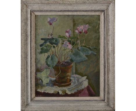 *Thomas Edwin La Dell ARA (1914-1970)'Cyclamen'signed 'T E La Dell' l.l., signed and inscribed verso, oil on board51 x 39.5cm