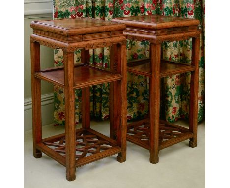 A pair of Chinese elm bedside tables or urn stands,early 20th century, each with a square top over a shallow drawer, on squar