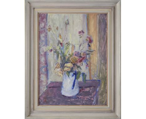 *Margaret Thomas (1916-2016)'Dry Roses at Aldeburgh'signed with initials l.l., titled verso, oil on canvas board60.5 x 45.5cm