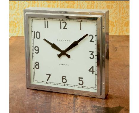 An Art Deco-style chrome-plated wall clock,of square form, the dial set with Arabic numerals and inscribed 'Newgate London', 