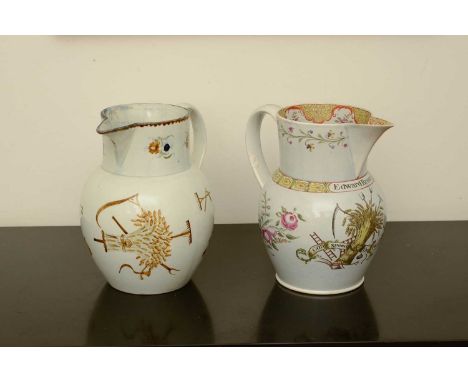 A named pearlware jug,early 19th century, decorated all-over in polychrome enamels with floral sprays, agricultural implement