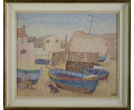 *Joan Warburton (1920-1996)Mediterranean fishing boats; street scene (verso)signed with initials and dated 58 l.r., oil on ca