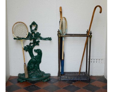 An Edwardian brass and cast iron stick stand,with eight divisions and turned finials,39cm wide20cm deep62cm high, anda Coalbr