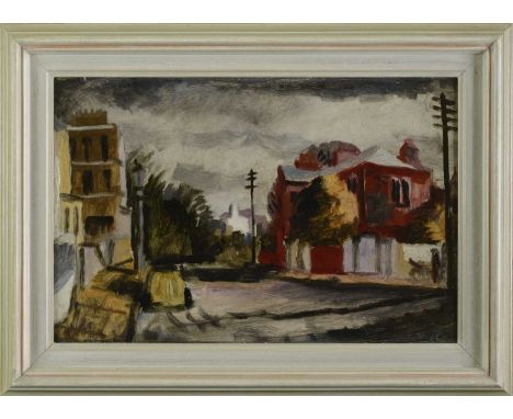 *Rowland Suddaby (1912-1972)'Suburban Street'signed 'R Suddaby' l.r., inscribed and signed verso, oil on board31 x 47cmProven