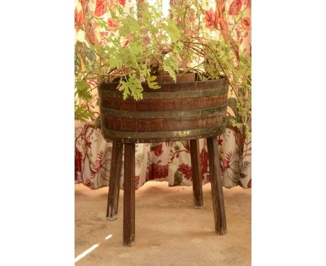 A coopered oak oval tub or planter,19th century, brass-bound and now raised on square supports,55cm wide36cm deep65cm highCon