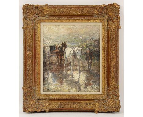 Harry Fidler (1856-1935)'Crossing the Ford'signed 'H Fidler' l.l., oil on canvas37 x 32cmCondition report: Canvas has been li