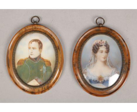 A pair of late 19th / early 20th century Ivory portrait miniatures of Emperor Napoleon Bonaparte and Josephine in oval tortoi