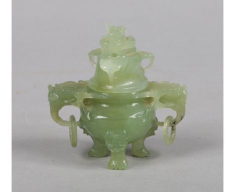 A Chinese 20th century miniature jade censer and cover. Carved with mythical beasts and separated loop handles,&nbsp;8.75cm.C