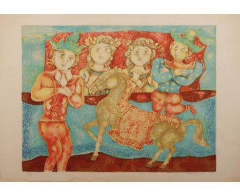 Sakti Burman (Indian b.1935) limited edition coloured lithograph print. Four figures and a horse. Signed in pencil and number