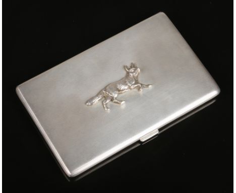 A George V silver cigarette case by Walker &amp; Hall. With engine turned engraving and surmounted with a cast model of a fox