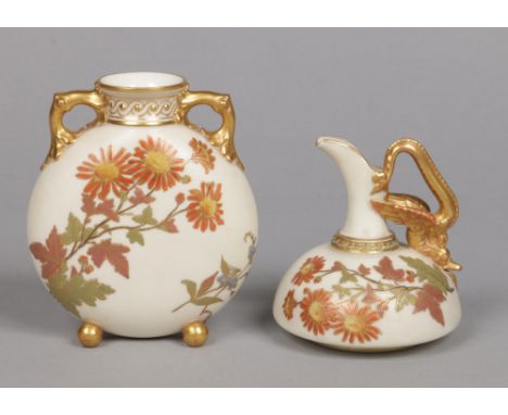 A Royal Worcester twin handled pilgrim flask and similar dragon handled ewer. Both ivory ground, gilded and painted with flow