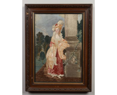 After Thomas Gainsborough, a 19th century framed needlework portrait of a lady in a garden landscape leaning against a Classi