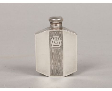 An Art Deco silver plated hip flask by James Dixon &amp; Sons. With engine turned engraving and threaded cap. Stamped EPBM, 8