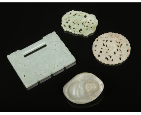 A late 20th century Chinese carved celadon jade chime of rectangular form decorated with a landscape and with four character 