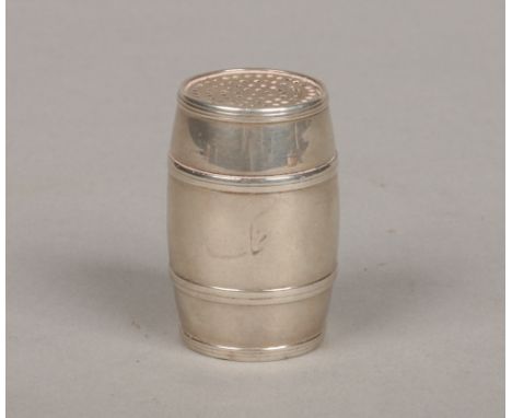 A 19th century white metal desk sander of barrel form, 5.5cm.Condition report intended as a guide only.Some dents and small c