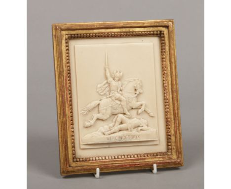 After Bartholdy Frederic Auguste (1834-1904) a carved alabaster plaque in gilt frame. Vercingetorix on horseback leaping over