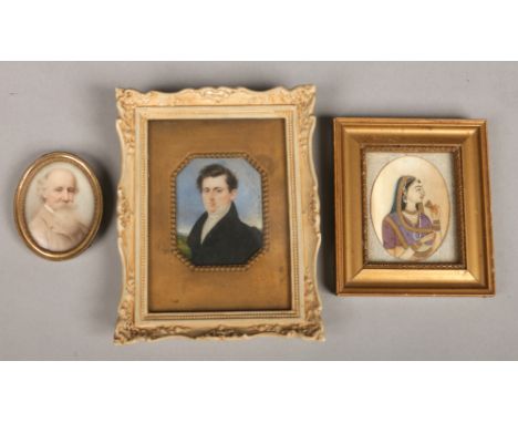 A 19th century oval ivory portrait miniature of a bearded gentleman in gilt metal frame, an Indian portrait miniature of a Mu