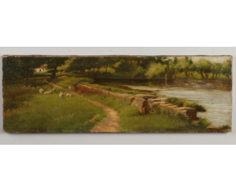 An early 20th century unframed oil on canvas. Rural scene with sheep next to a lake with a cottage in the background. Monogra