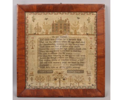 A William IV woolwork sampler in mahogany frame, Hannah Burton, Aged 9, 1836. With a verse, to my mother. Further decorated w