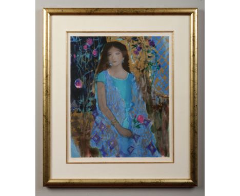 Quan Sun, framed limited edition lithograph print titled Pink Rose, portrait of a maiden. Signed, numbered and titled in penc