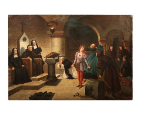 Jack Leigh Wardleworth (1863-1925) unframed oil on canvas. "Unmasked" Interior scene with an Abbot, Nuns and Monks and a youn