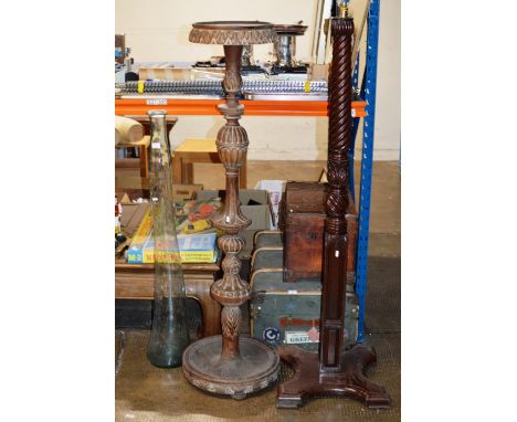 DECORATIVE GLASS BOTTLE VASE, LARGE PEDESTAL STAND &amp; MAHOGANY STANDARD LAMP BASE     