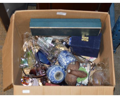 BOX WITH WHISKY GLASSES, CAITHNESS GLASS VASE, ROYAL WORCESTER PIN DISHES, MINIATURE BLUE &amp; WHITE VASES ETC     