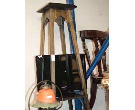 OAK STAINED PLANT STAND &amp; SMALL POLAROID TV     
