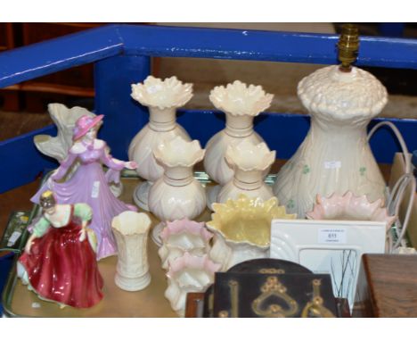 TRAY WITH GENERAL CERAMICS, ASSORTED BELLEEK PORCELAIN, ROYAL DOULTON FIGURINE, COALPORT FIGURINE ETC     