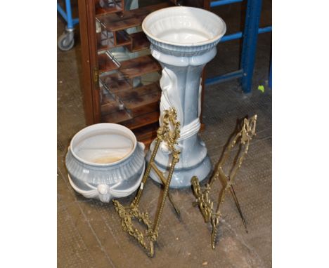 PLANTER WITH STAND &amp; 2 GILT METAL EASEL STANDS     