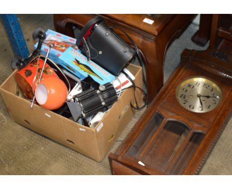 WALL CLOCK &amp; BOX WITH BINOCULARS, GLASS LAMP SHADE, TOYS ETC     