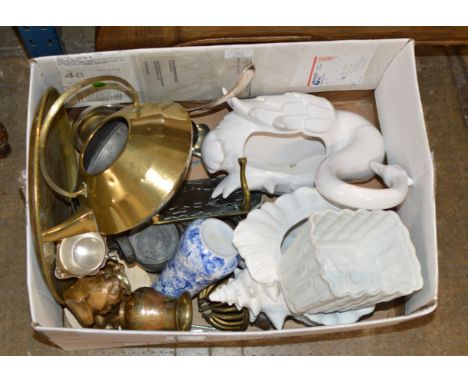 BOX WITH MIXED CERAMICS, EP SPOONS, BUST ORNAMENT, SWAN PLANTER, SHELL PLANTER, JELLY MOULD, ASSORTED BRASS WARE ETC     