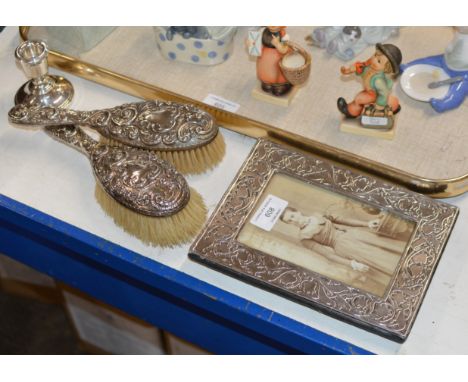 ORNATE BIRMINGHAM SILVER PICTURE FRAME, 2 SILVER BACKED BRUSHES &amp; BIRMINGHAM SILVER CANDLE STICK     