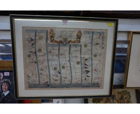 An antique hand coloured map of 'The Road from Ferrybridge to Borough Bridge Continued to Barnard Castle',&nbsp;by John Ogilb