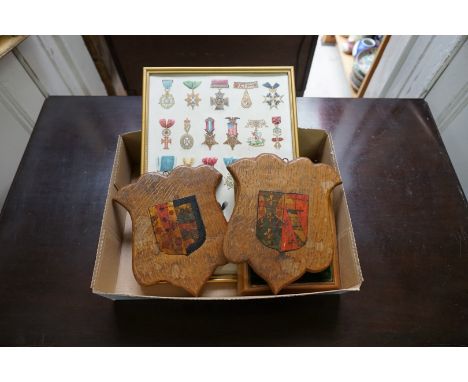 A pair of antique oak shields,&nbsp;decorated with the arms of 'Katharine Parr' and 'Katharine Howard' respectively, each ins