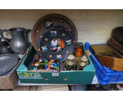 A mixed lot of treen and similar,&nbsp;to include three enamel mounted items; together with a pair of Chinese brass lanterns,