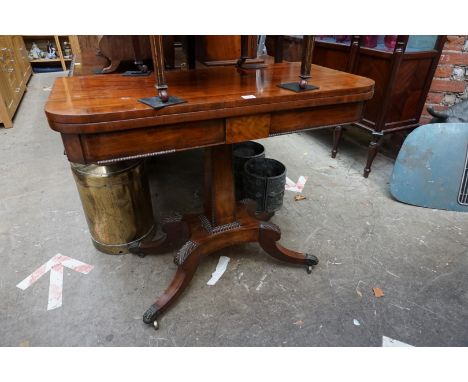 A George III mahogany and crossbanded pedestal card table, 91.5cm wide. 