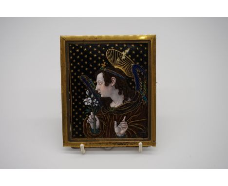 An interesting 18th/19th century Limoges enamel plaque,&nbsp;decorated with an angel, inscribed on old label verso, 10.5 x 7.