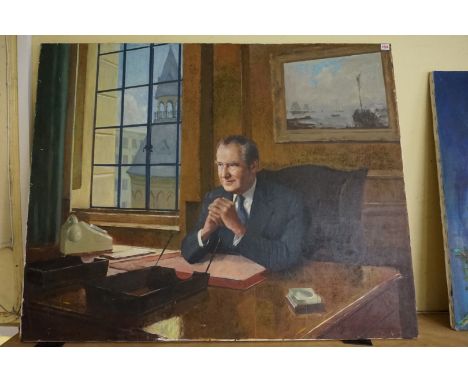 William Dring,&nbsp;portrait of Lord Armstrong of Sanderstead at his desk, signed, oil on canvas, 101.5 x 127.5cm, unframed.