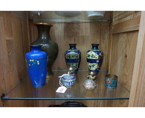 A small collection of Chinese and Japanese cloisonne enamel, largest 23.5cm high. (9) 