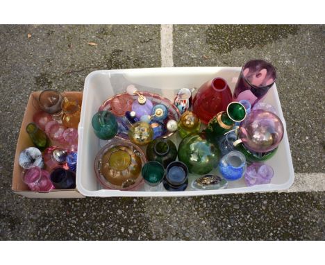 A quantity of coloured glass; to include a Caithness perfume bottle and small vases. 