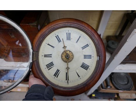 An antique mahogany postman's alarm clock, with 9in painted dial, with weights and pendulum.&nbsp;&nbsp; 